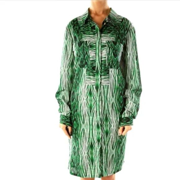 Like New Derek Lam Green White Black Woodgrain Cotton Button Down Shirt Dress - Picture 4 of 10